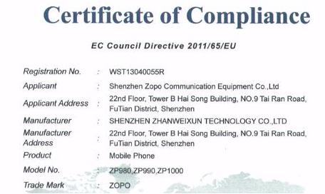 FOTO TRAPELATE: Misteriosi Zopo ZP990 e ZP1000 appaiono nelle certificazioni CE e ROHS ZP990 e ZP1000