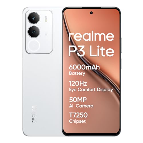 realme P3 lite, Smartphone,Bianco, 8+256 GB, display Eye Comfort da 120 Hz, batteria da 6000 mAh, chipset T7250, fotocamera AI da 50 MP, ricarica da 15 W (senza adattatore)
