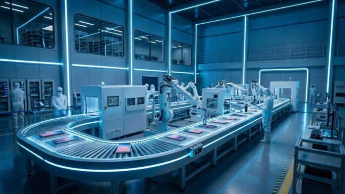 samsung-galaxy-a57-display-oled-cinesi-dettagli-report-0 fabbrica di smartphone, immagine generata con Gemini AI